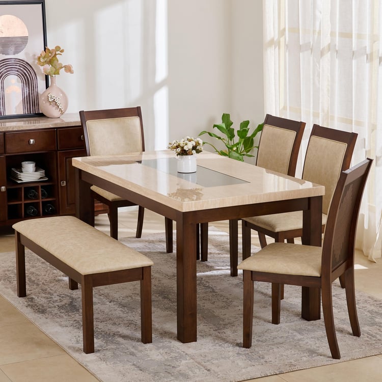 Harmony Sia Faux Marble Top 6-Seater Dining Set with Chairs and Bench - Beige