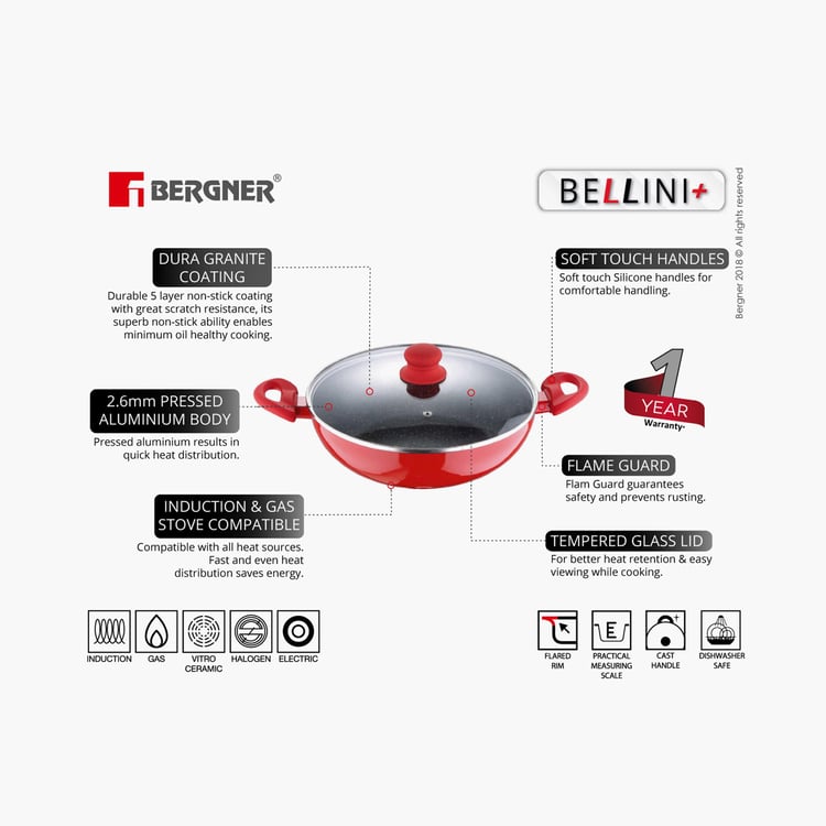 BERGNER Bellini+Pressed Aluminium Non-Stick Kadhai with Lid - 28 cm