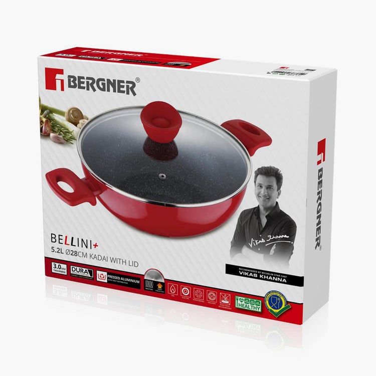 BERGNER Bellini+Pressed Aluminium Non-Stick Kadhai with Lid - 28 cm