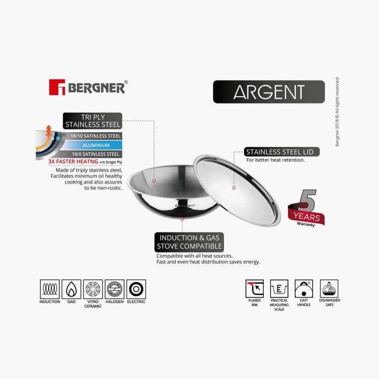 BERGNER Argent Triply Stainless Steel Tasra with Lid - 1.5 L