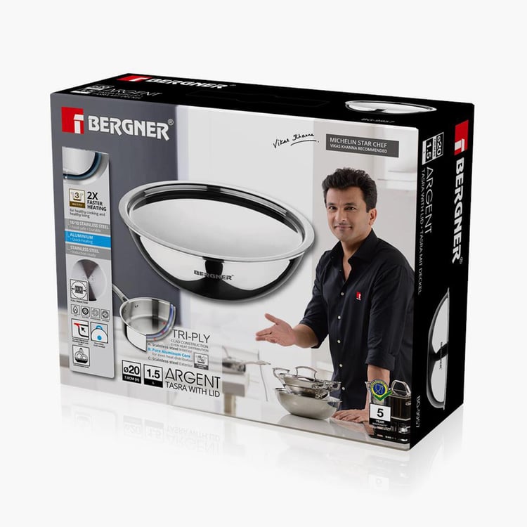 BERGNER Argent Triply Stainless Steel Tasra with Lid - 1.5 L