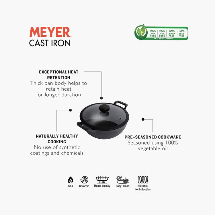 MEYER Cast Iron Kadhai with Glass Lid - 24 cm