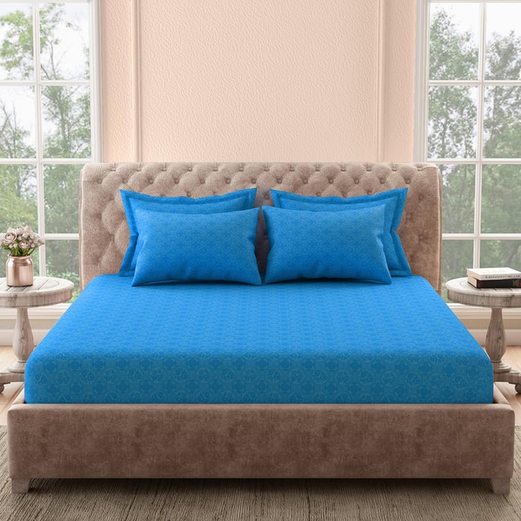 PORTICO Just Us - Premium Trellis Blue Cotton Super King Size Bedsheet Set - 274x274cm - 5Pcs