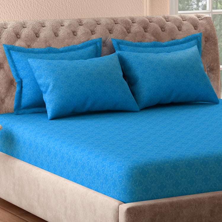 PORTICO Just Us - Premium Trellis Blue Cotton Super King Size Bedsheet Set - 274x274cm - 5Pcs