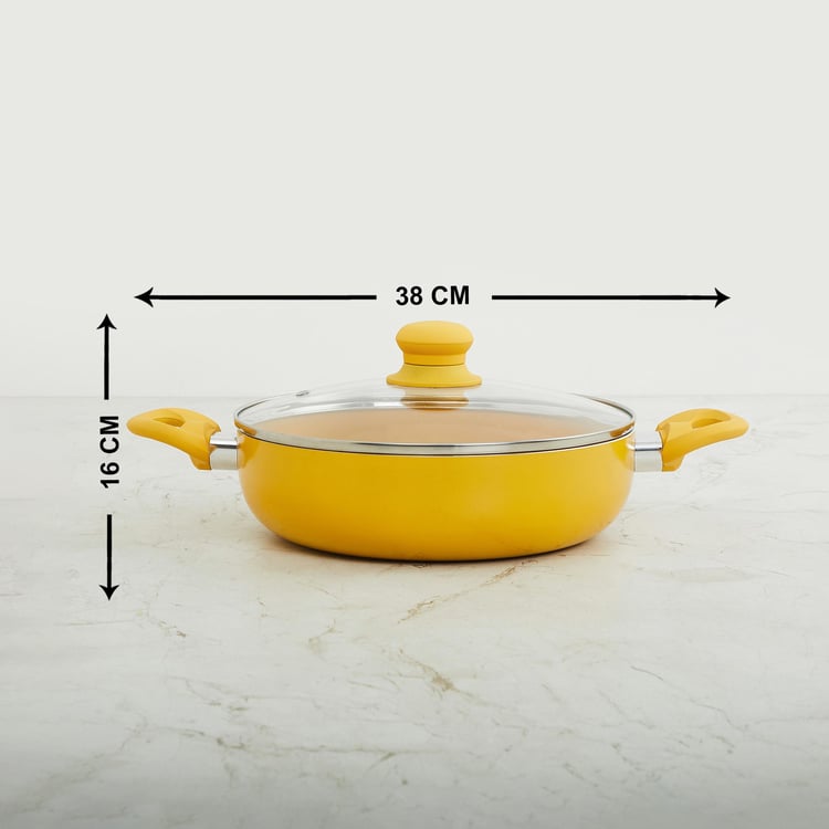 Colour Connect Yellow Kadhai with Lid- Induction- Aluminium- 2400ml- 38 cm