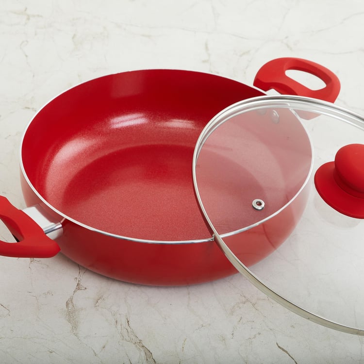 Colour Connect Red Kadhai with Lid- Induction- Aluminium- 2400ml- 38 cm