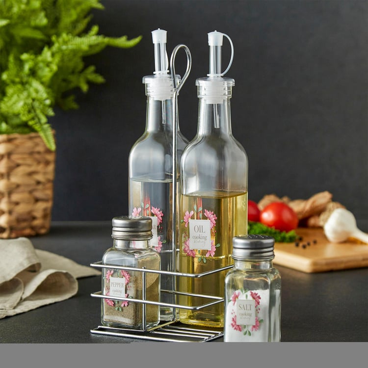 Corsica Essentials Set of 4 Glass Bottles and Shakers with Stand