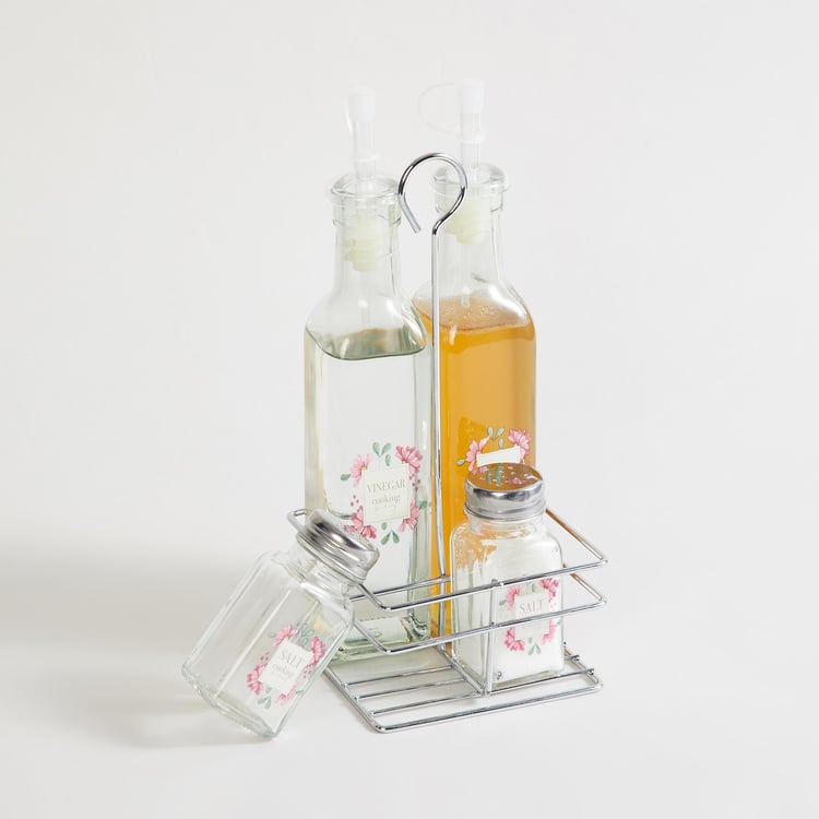 Corsica Essentials Set of 4 Glass Bottles and Shakers with Stand