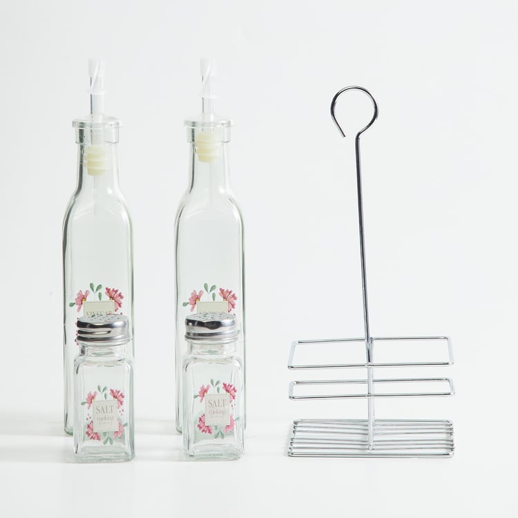 Corsica Essentials Set of 4 Glass Bottles and Shakers with Stand