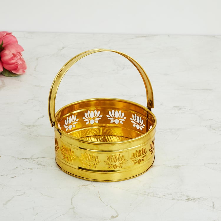 Serenity Gold Metal Basket with Lotus Motif - 18 Cm X 18 Cm X 18 Cm