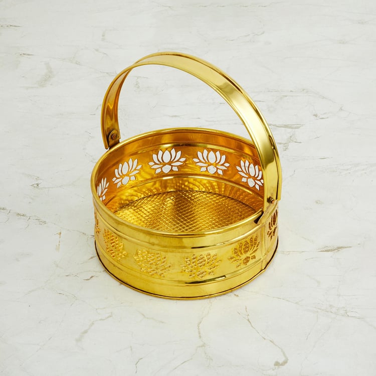 Serenity Gold Metal Basket with Lotus Motif - 18 Cm X 18 Cm X 18 Cm