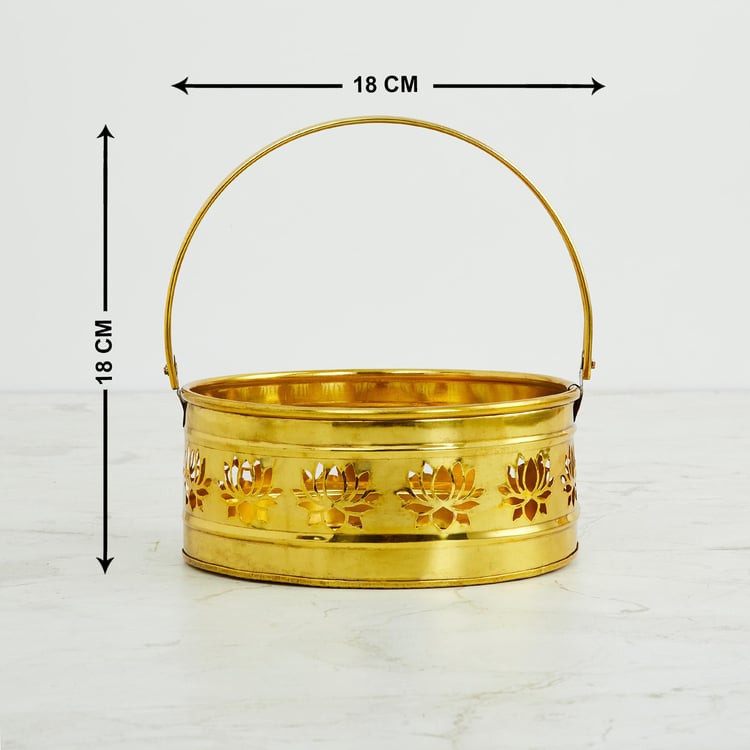 Serenity Gold Metal Basket with Lotus Motif - 18 Cm X 18 Cm X 18 Cm