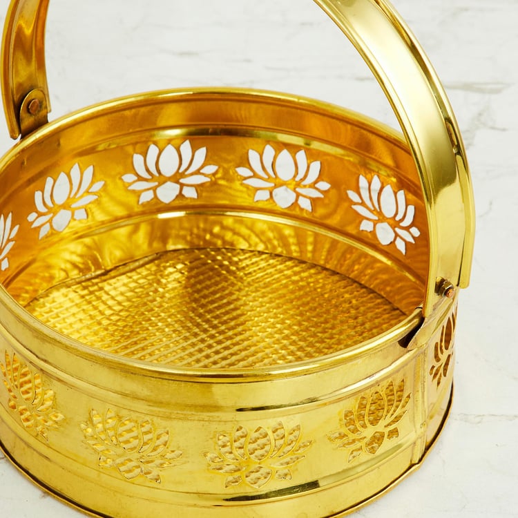 Serenity Gold Metal Basket with Lotus Motif - 18 Cm X 18 Cm X 18 Cm