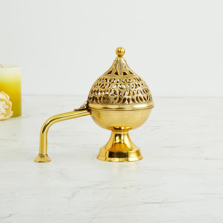 Serenity Gold Metal Dhoop Dhuni With Handle - 18 Cm X 12 Cm X 18 Cm