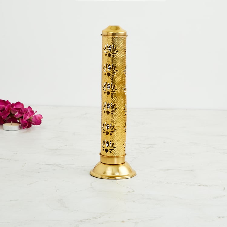Serenity Gold Metal Agarbati Stand with Lotus Cutwork  - 8 cm x 26 cm