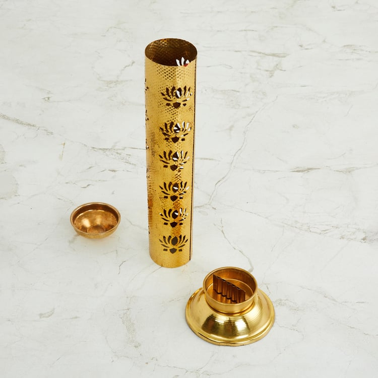 Serenity Gold Metal Agarbati Stand with Lotus Cutwork  - 8 cm x 26 cm