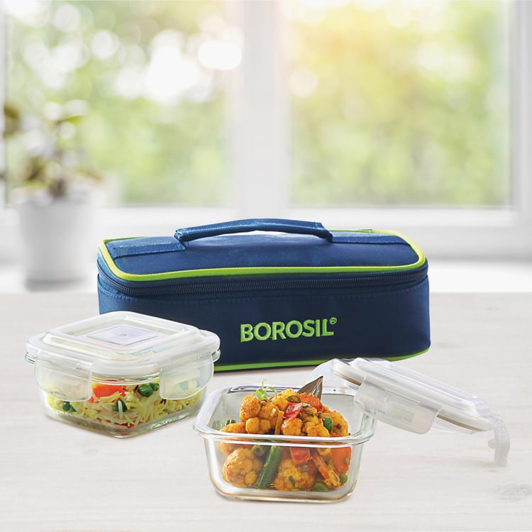 BOROSIL Klip And Store Square Tiffin Box with Bag - Set of 2 - 320ml