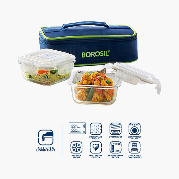 BOROSIL Klip And Store Square Tiffin Box with Bag - Set of 2 - 320ml