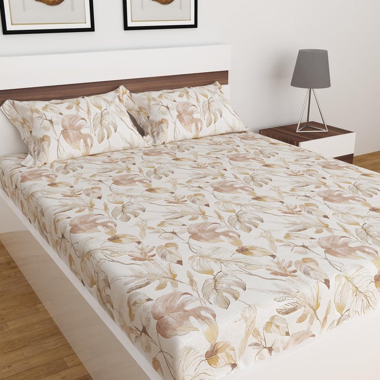 Medley Printed 3-Piece Beige Double Bedsheet Set - 274x274cm- Cotton- 150TC