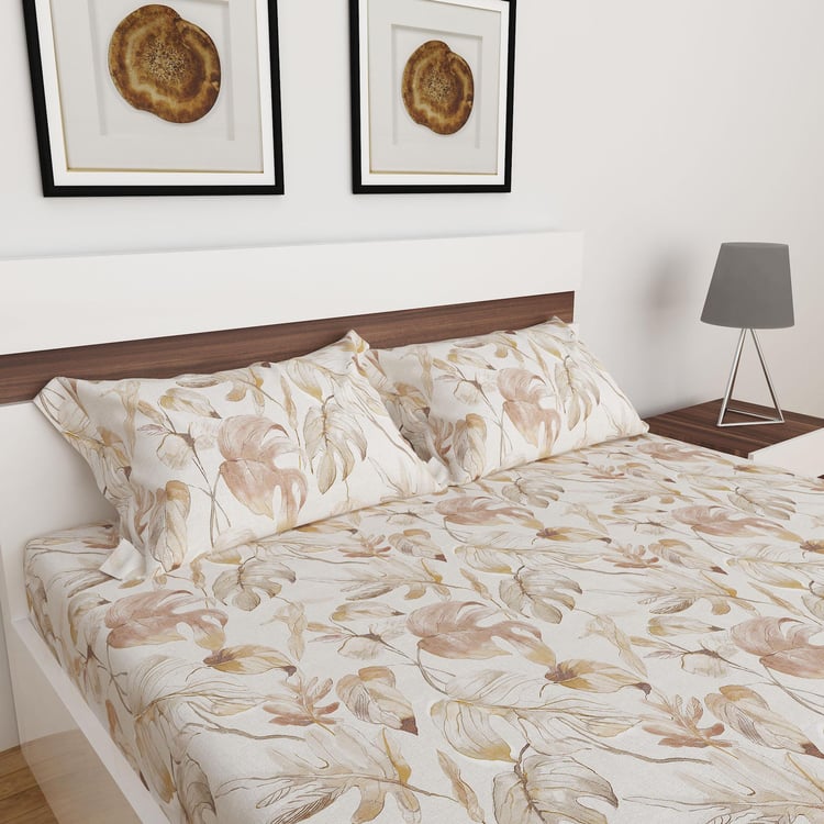 Medley Printed 3-Piece Beige Double Bedsheet Set - 274x274cm- Cotton- 150TC