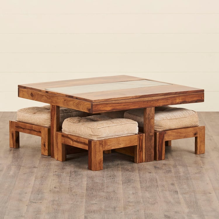 Helios Huddel Sheesham Wood Coffee Table with Stools - Brown