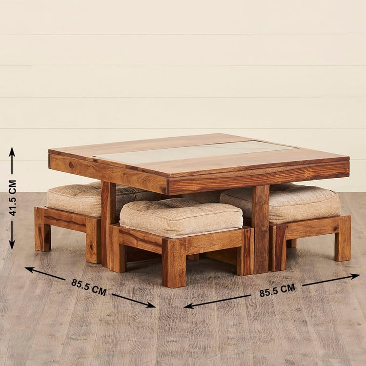 Helios Huddel Sheesham Wood Coffee Table with Stools - Brown