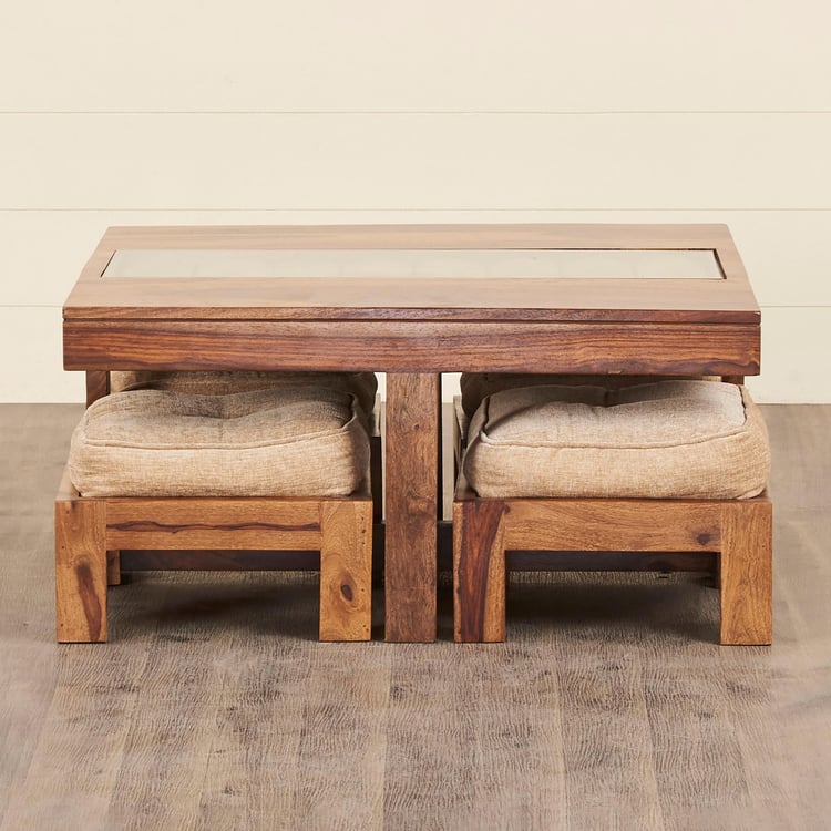 Helios Huddel Sheesham Wood Coffee Table with Stools - Brown