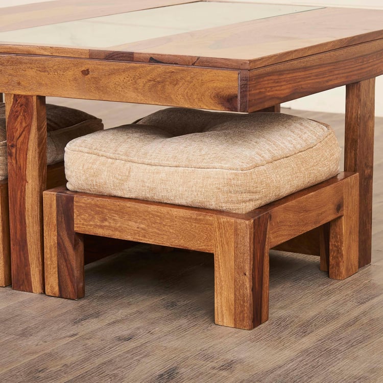 Helios Huddel Sheesham Wood Coffee Table with Stools - Brown