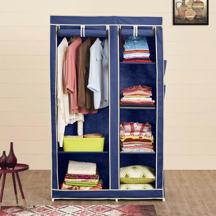 Helios Opus Blue Fabric Collapsible Two-Door Wardrobe With Six Shelves