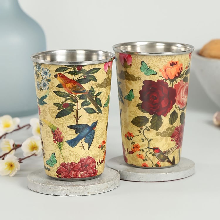 INDIA CIRCUS Bird Land Printed Steel Tumbler-Set of 2