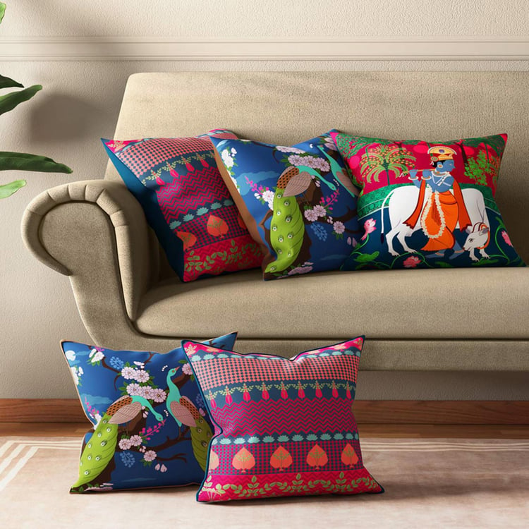 INDIA CIRCUS Krishna Baugh Set of 5 Cushion Covers - Set of 5 - 40.64 x 40.64 cm