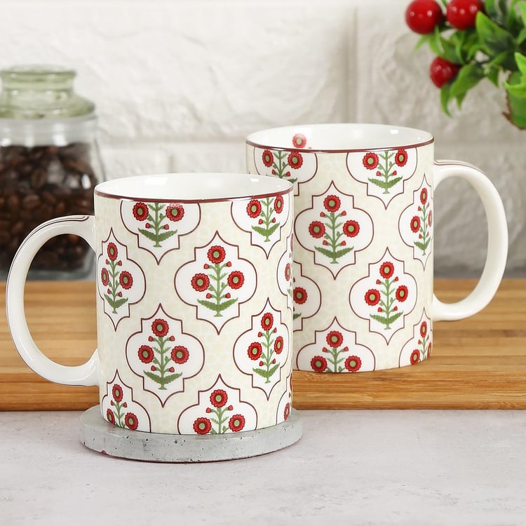 INDIA CIRCUS Grey Poppy Flower Printed Coffee Mug- 2 Pcs - 360 ml