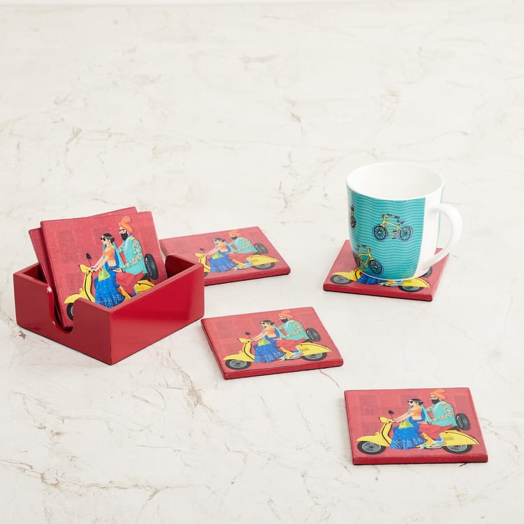 Raisa Pop Street Wooden Coaster with Holder - Set of 6- 10 x 10 cm