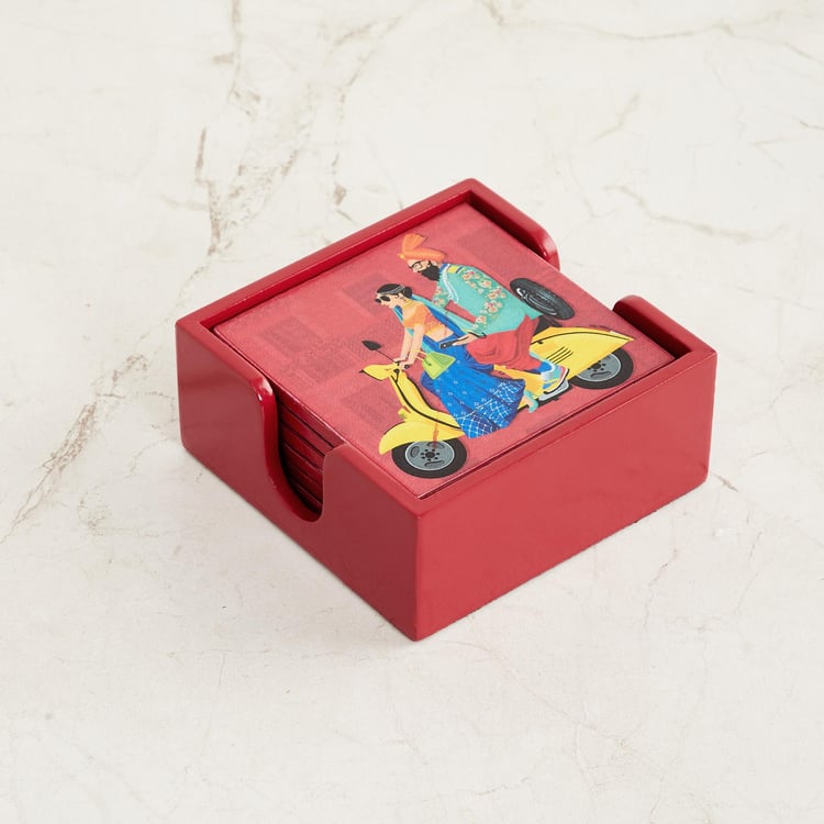 Raisa Pop Street Wooden Coaster with Holder - Set of 6- 10 x 10 cm