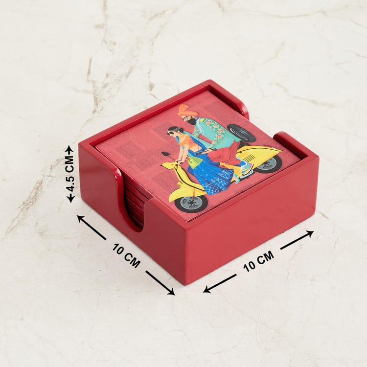 Raisa Pop Street Wooden Coaster with Holder - Set of 6- 10 x 10 cm