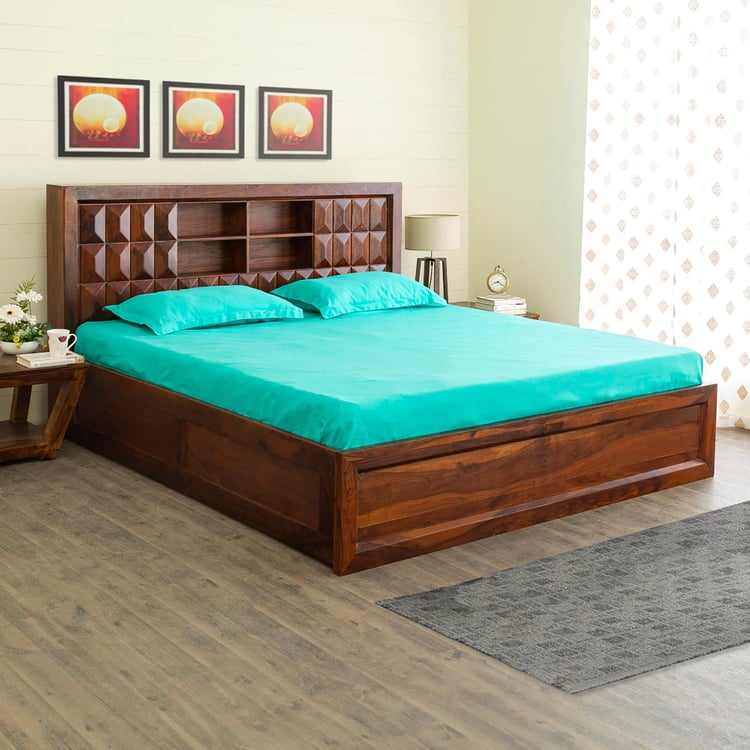 Aarya-Kosha Brown Sheesham Wood Queen Bed With Box Storage - 159x218cm