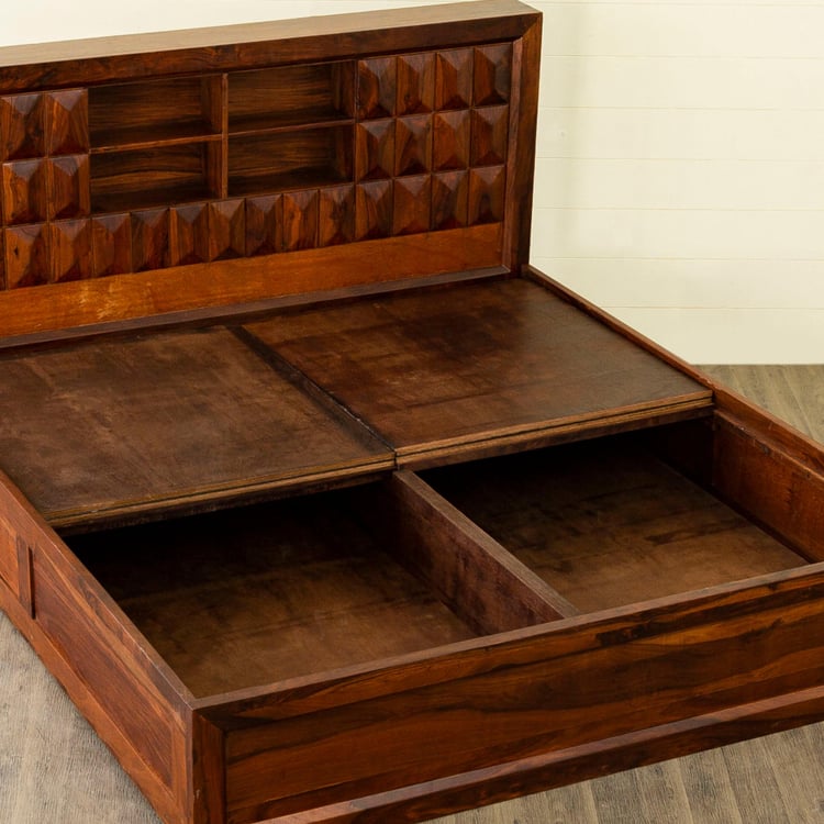 Aarya-Kosha Brown Sheesham Wood Queen Bed With Box Storage - 159x218cm
