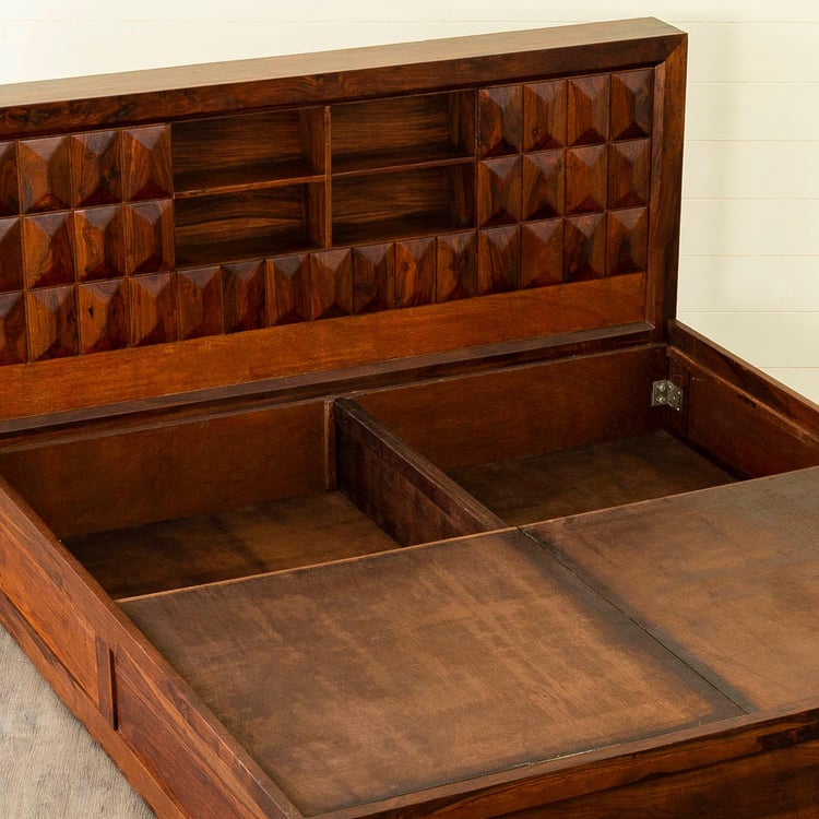 Aarya-Kosha Brown Sheesham Wood Queen Bed With Box Storage - 159x218cm