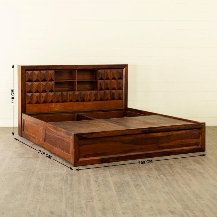 Aarya-Kosha Brown Sheesham Wood Queen Bed With Box Storage - 159x218cm