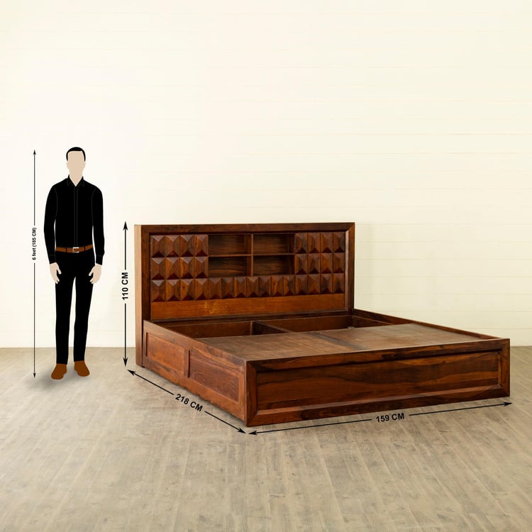 Aarya-Kosha Brown Sheesham Wood Queen Bed With Box Storage - 159x218cm