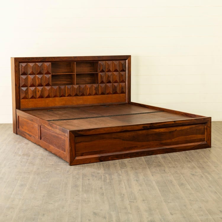 Aarya-Kosha Brown Sheesham Wood Queen Bed With Box Storage - 159x218cm