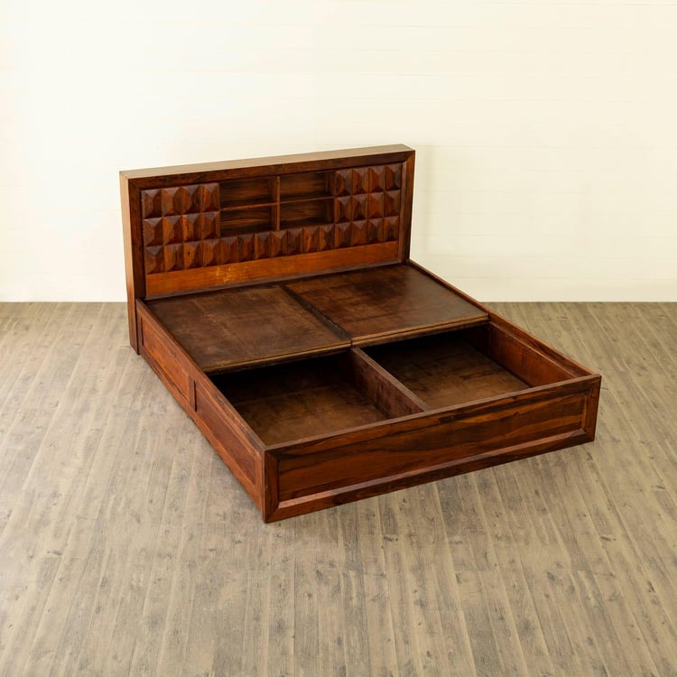 Aarya-Kosha Brown Sheesham Wood Queen Bed With Box Storage - 159x218cm