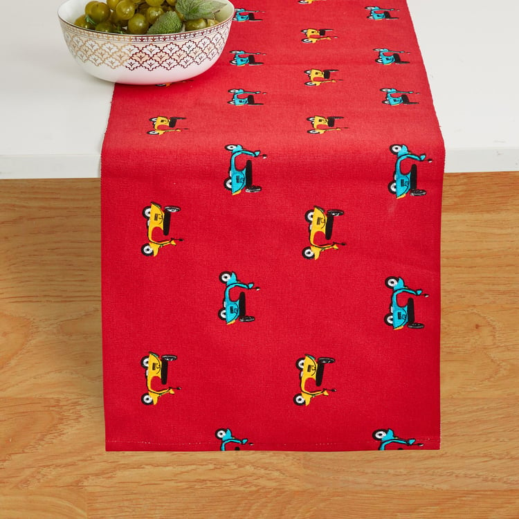 Raisa-Retro Red Printed Ribbed Cotton Table Runner- 33 x 120 cm