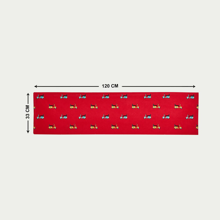 Raisa-Retro Red Printed Ribbed Cotton Table Runner- 33 x 120 cm