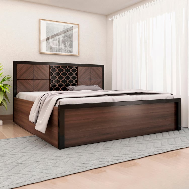 Clover Walnut Engineered Wood King Size Bed with Hydraulic Storage - 190 x 197 cm