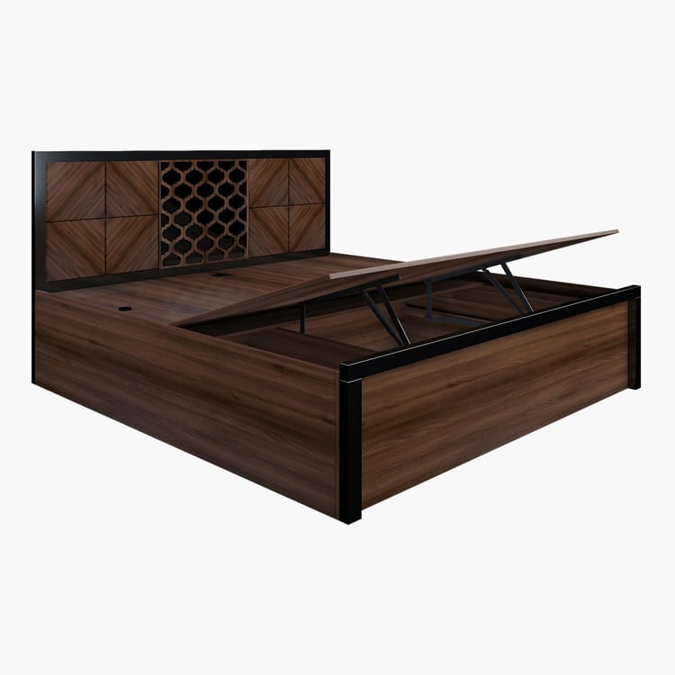 Clover Walnut Engineered Wood Queen Size Bed with Hydraulic Storage -157 x 197 cm