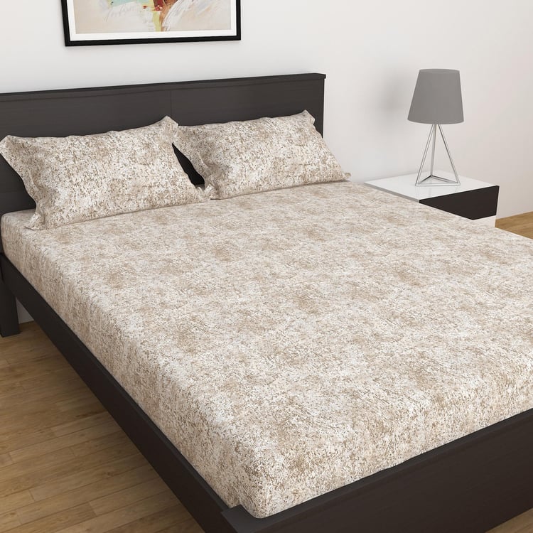 Miami - Beige Printed Cotton Double Bedsheet Set - 3Pcs
