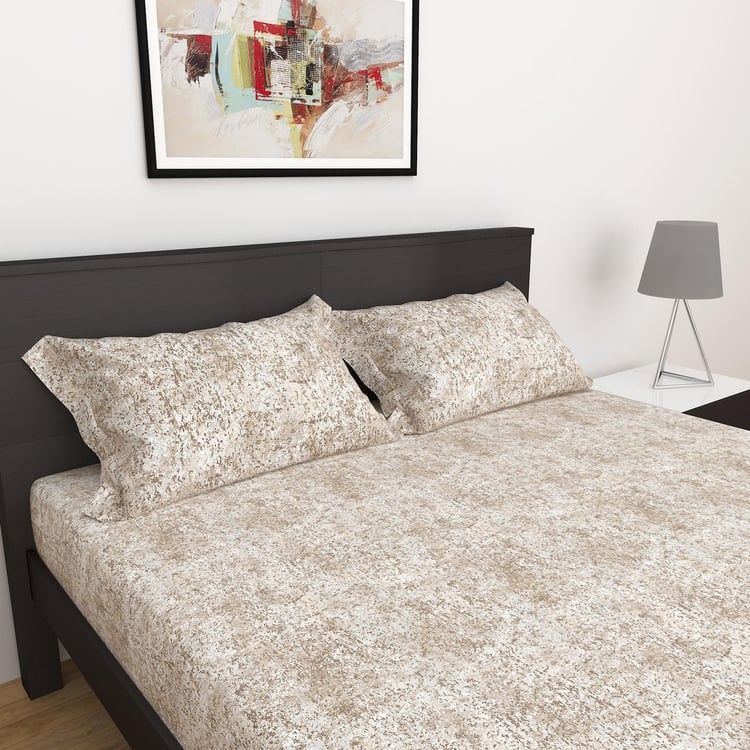 Miami - Beige Printed Cotton Double Bedsheet Set - 3Pcs