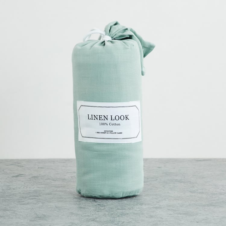 Florida Blue Solid Cotton Double Bedsheet Set- 3 Pieces