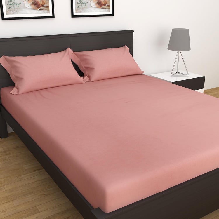 Florida Dusty Rose Solid Cotton Double Bedsheet Set- 3 Pieces